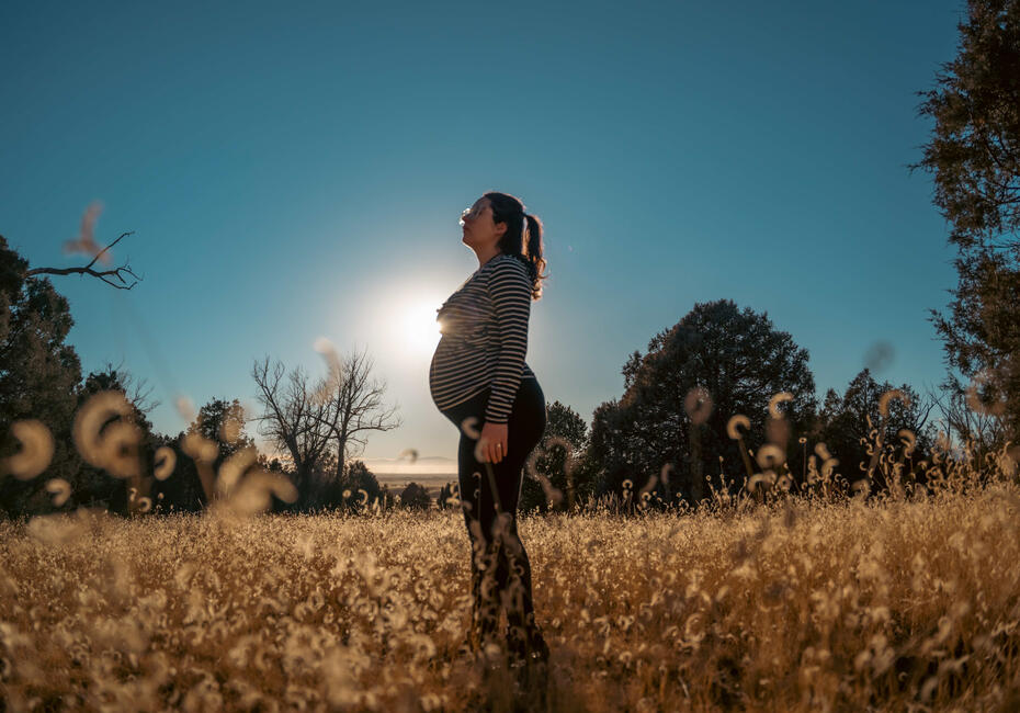 Pregnant woman standing in a field with the sun in the background. Blue skies with golden vegetation all around her.